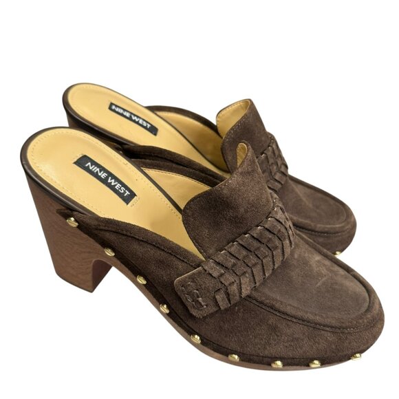 Nine West WNFlowr Brown Suede Platform Clogs Size 9.5 – Studded Wood Block Heel - Picture 2 of 9